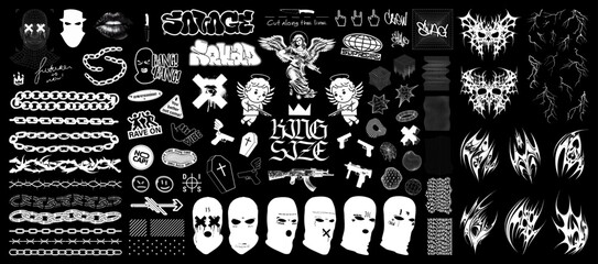 Brutalism, y2k, Neo-tribal, gangsta street elements collection. Acid street elements, forms, objects, shapes from 00s, 90s, 80s. Street graphic box. Trendy Acid, y2k shapes for t-shirt, merch. Vector