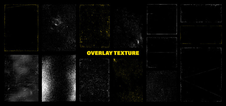 Creative set Overlay textures. Stamps with effect effect of antiquity, wear, creases, monochrome, grainy, spray, grunge, dust. Overlay stamps textures - old, concrete, scratches, damage, grunge. 