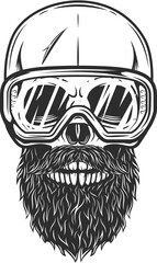 Hipster skull in glasses construction with beard and mustache isolated monochrome illustration