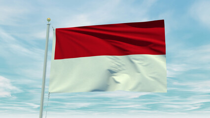 Fototapeta na wymiar Seamless loop animation of the Indonesia flag on a blue sky background. 3D Illustration