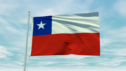 Fototapeta na wymiar Seamless loop animation of the Chile flag on a blue sky background. 3D Illustration