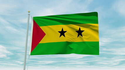 Seamless loop animation of the Sao Tome And Principe flag on a blue sky background. 3D Illustration