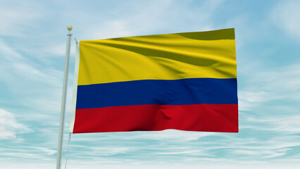 Seamless loop animation of the Colombia flag on a blue sky background. 3D Illustration