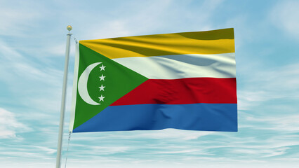 Fototapeta na wymiar Seamless loop animation of the Comoros flag on a blue sky background. 3D Illustration
