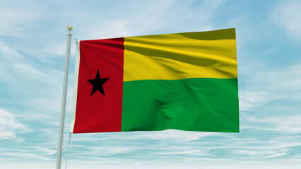 Seamless loop animation of the Guinea Bissau flag on a blue sky background. 3D Illustration