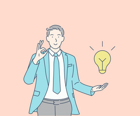 Creative idea in the hands of a man, light bulb, hand drawn style vector design illustration