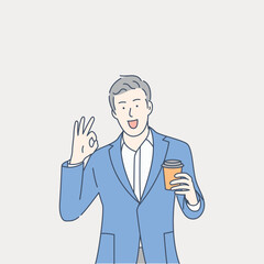 A man holding a coffee cup, hand drawn style vector design illustration
