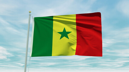 Seamless loop animation of the Senegal flag on a blue sky background. 3D Illustration