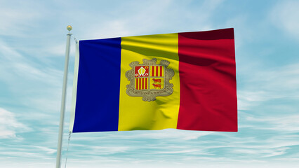Seamless loop animation of the Andorra flag on a blue sky background. 3D Illustration