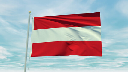 Seamless loop animation of the Austria flag on a blue sky background. 3D Illustration