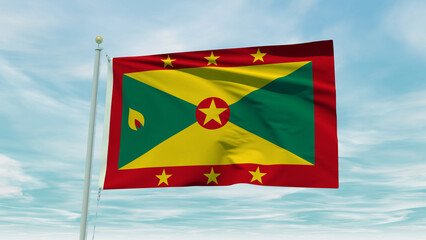 Seamless loop animation of the Grenada flag on a blue sky background. 3D Illustration