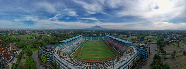 Sleman Yogyakarta, April 6, 2022 : View of Maguwoharjo Stadium from the air on a sunny morning....