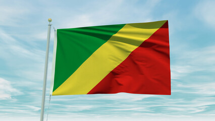 Seamless loop animation of the Congo Republic flag on a blue sky background. 3D Illustration