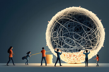 Group of people trying to solve a problem, cooperating and work together, to untangle a ball of yarn, or an issue