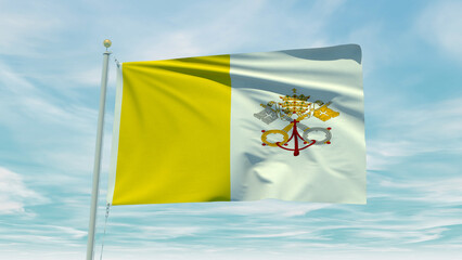 Seamless loop animation of the Vatican flag on a blue sky background. 3D Illustration
