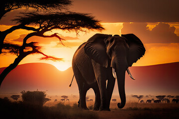 Fototapeta na wymiar an african elephant in the savanna at sunset. Generative AI