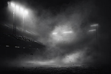 smoke, dust or haze in a stadium on the field. black-and-white. Generative AI