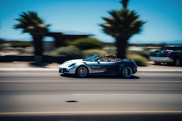 Fototapeta na wymiar Supercar fast moving on the road. Car in motion blur. Sports car at high speed on highway