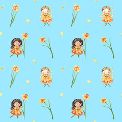 Fototapeta na wymiar Cute girls in yellow dresses, flower princesses, daffodils and petals on a blue background. Watercolor, seamless pattern with flowers and cartoon characters. Kids style.