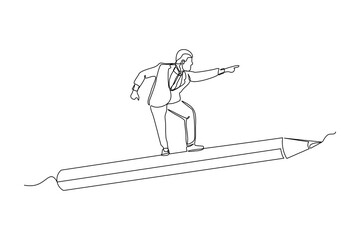 Continuous single one line drawing art businessman riding flying big pencil. Vector illustration concept of business growth success