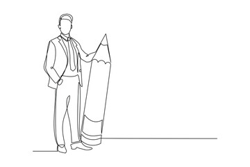 Continuous single one line drawing art businessman holding big pencil. Vector illustration concept of business big deal, office secretary, education, writer