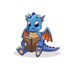 Blue dragon read a book cartoon 