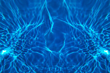 Fototapeta na wymiar Bluewater waves on the surface ripples blurred. Defocus blurred transparent blue colored clear calm water surface texture with splash and bubbles. Water waves with shining pattern texture background.