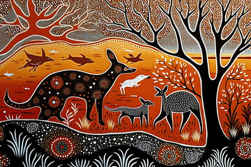 Deers in a forest painted with dots