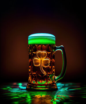  The Ale of the Irish: A Glass of Beer and a Glowing Shamrock in a Lively Bar Scene - Generative AI