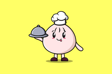 Cute Cartoon chef Dim sum mascot character serving food on tray cute style design illustration