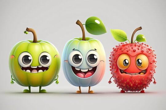 cartoon characters of fruit, happy and smile, cute fruit monsters, white background, vector illustration, Made by AI,Artificial intelligence