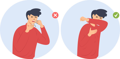 illustration of coughing and sneezing covering mouth with elbow. the proper way to cough and sneeze