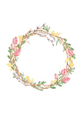Floral wreath in vibrant spring colors. Hand-drawn watercolor illustration