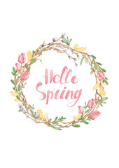 Floral wreath in vibrant spring colors. Hand-drawn watercolor illustration