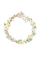 Floral wreath in vibrant spring colors. Hand-drawn watercolor illustration