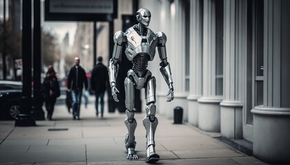 Fototapeta na wymiar humanoid robot in the big city