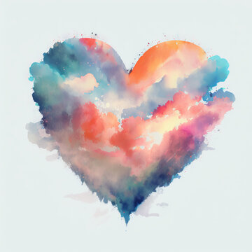 abstract watercolor heart, a cloud heart in the sky, colorful love symbolic. Watercolor textured illustration of the blue heart. for background or wallpaper. Created with Generative AI