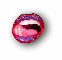 Lips on white isolated background, clipping path. Mouth with red lip, close up.
