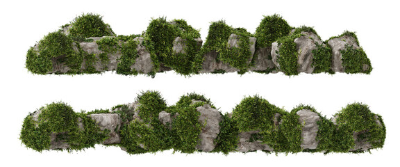 Architectural and landscape concept. Top and side view grey stone with moss isolated on transparent background. 3d rendering illustration. PNG format	