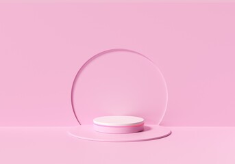 Cylindrical podium on pink background. Abstract minimal scene with geometry. Simulates the designed space. Storefront showcase. 3D illustration.