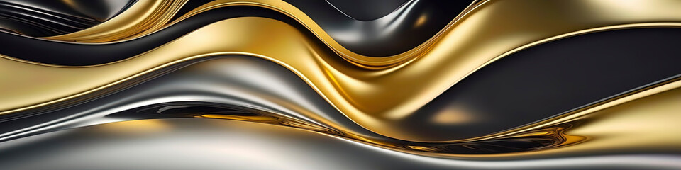 Metalic abstract wavy liquid background, panoramic banner