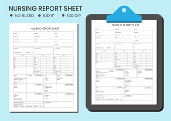 Nursing report sheet, Nursing report logbook, Patient daily health report tracker, medication journal template, patient hospitalization info tracker interior.