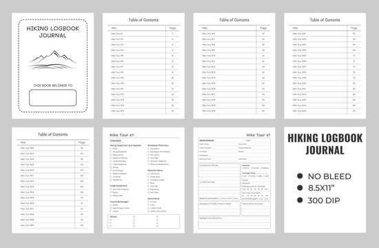Hiking journal logbook or notebook planner kdp, travel, adventure, camping journals 