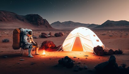 Fototapeta na wymiar Astronaut doing camping on Mars