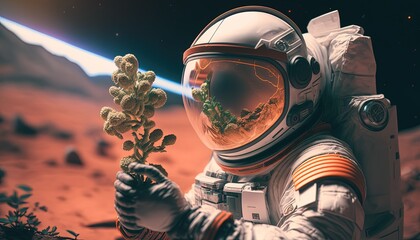 Obraz na płótnie Canvas Astronaut holding green sprout on Mars