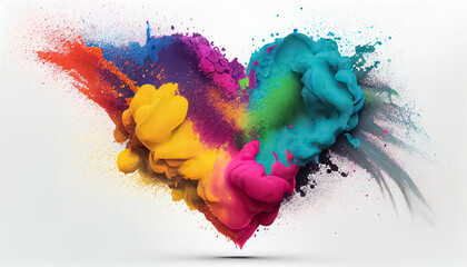 colorful rainbow holi paint color powder explosion heart shape white background scene - obrazy, fototapety, plakaty