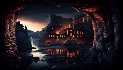 Underworld with ruins city and lava river created with Generative AI Technology