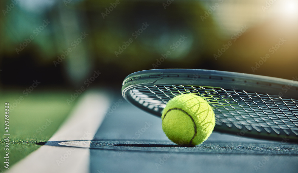 Canvas Prints Tennis ball, racket and court ground with mockup space, blurred background or outdoor sunshine. Summer, sports equipment and mock up for training, fitness and exercise at game, contest or competition