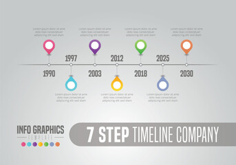 Abstract 7 steps Timeline infographic elements. Vector illustration. Company milestone infographics.