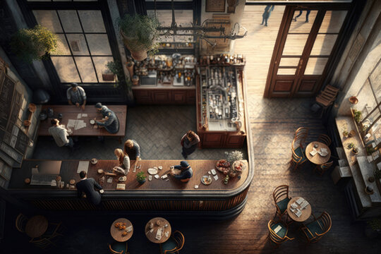 Bird's eye view of a cafe, coffeeshop, office, restaurant, or bar, tables, chairs, food, beverage